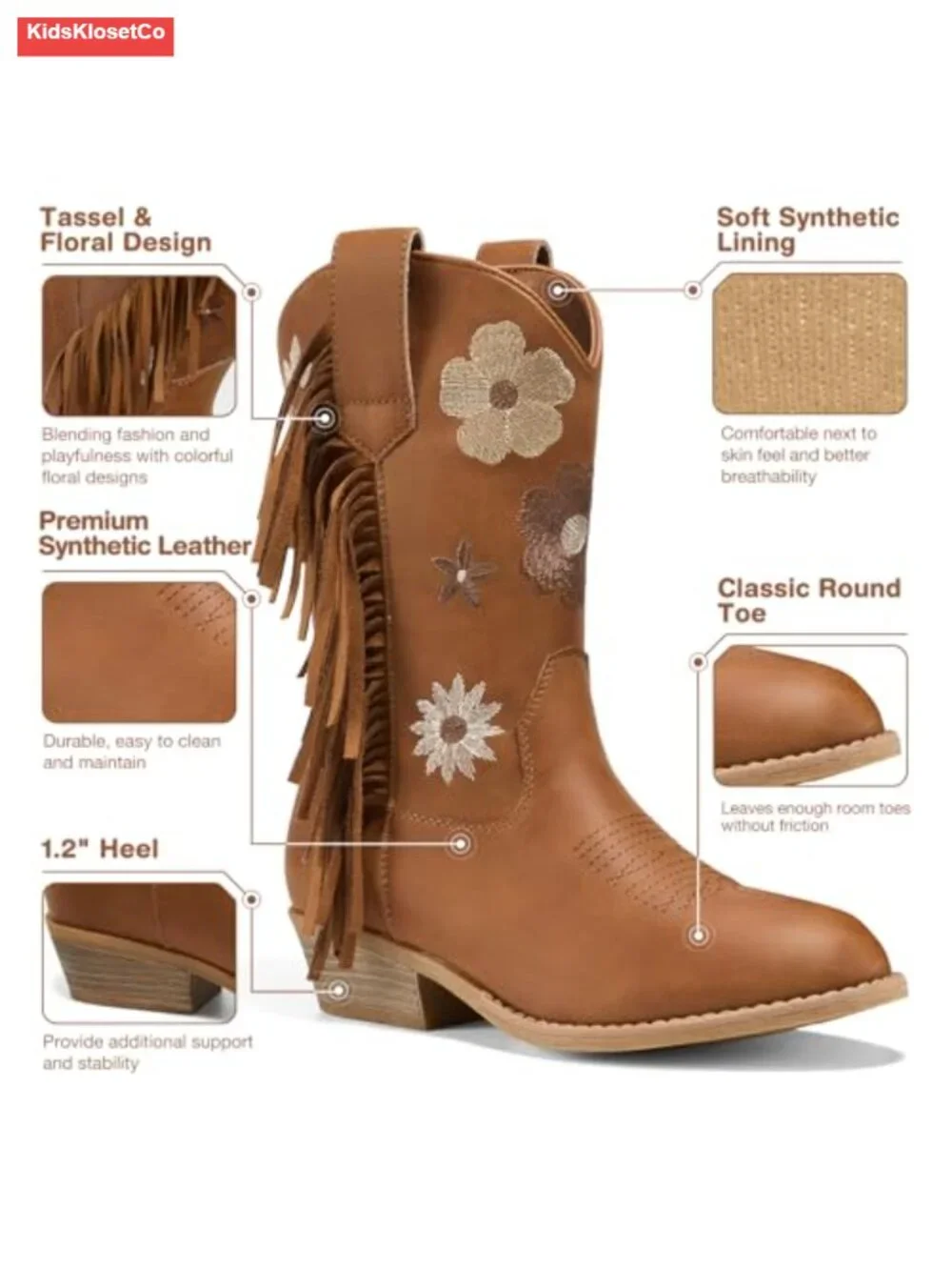 Girls Cowgirl Boots with Tassel Floral Embroidered Western Boots for Toddler